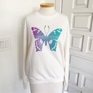NWT Hi Res Butterfly Crewneck Sweatshirt White Pink Purple Teal Green Size Small